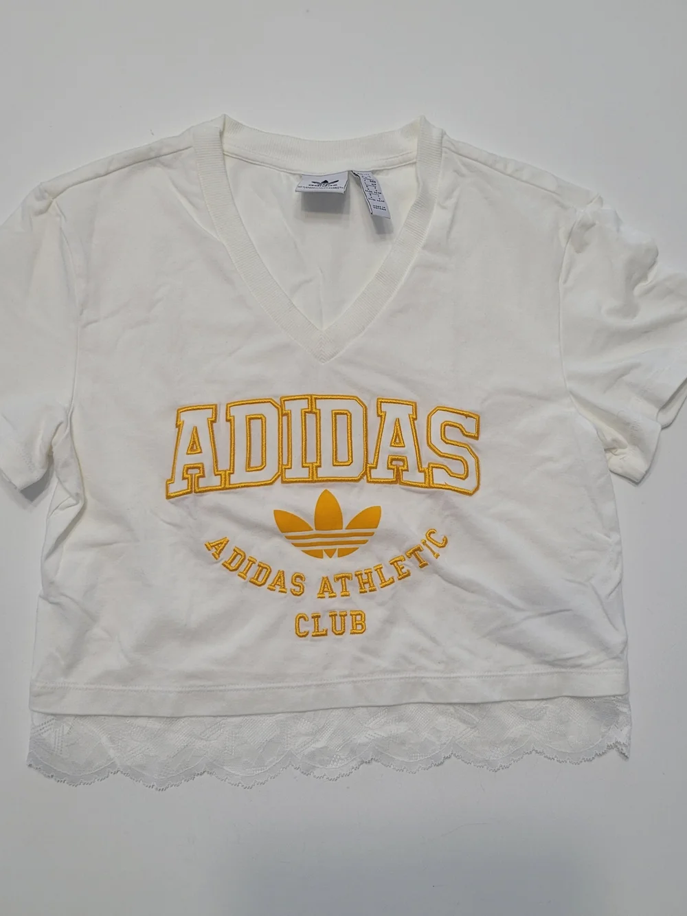 adidas White & Yellow Lace Hem Women V-Neck Logo Tee Size S - Picture 8 of 16